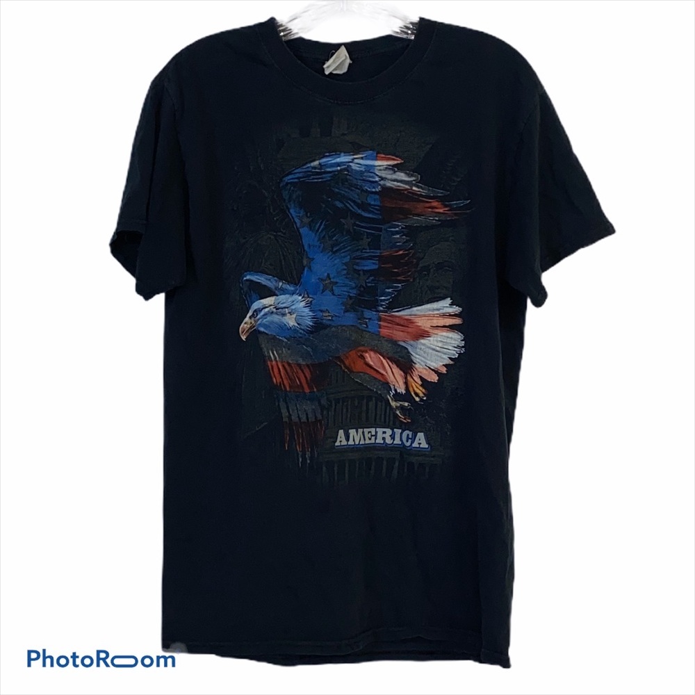 Vintage Fruit of the Loom America Bald Eagle Flag Graphic Tee Navy M USA